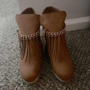 Fashion wedges. Size 8.5. Never worn. Camel brown with fridge detail.